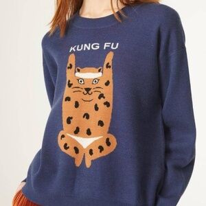 Kung Fu Cat Leopard Sweater Jacquard Knit Relaxed Fit Women's Size L